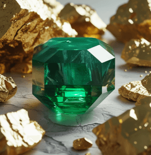 A bright green emerald crystal placed between pieces of raw gold ore, showing the green heart of the earth and the beauty of gold mining.