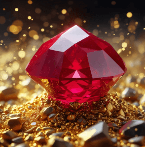 A radiant red ruby gemstone glowing among gold dust and gravel, symbolizing the fiery treasure found by gold miners.